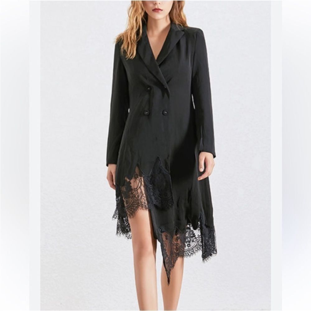 Aumili Elegant Black Lace Trim Blazer Dress, S